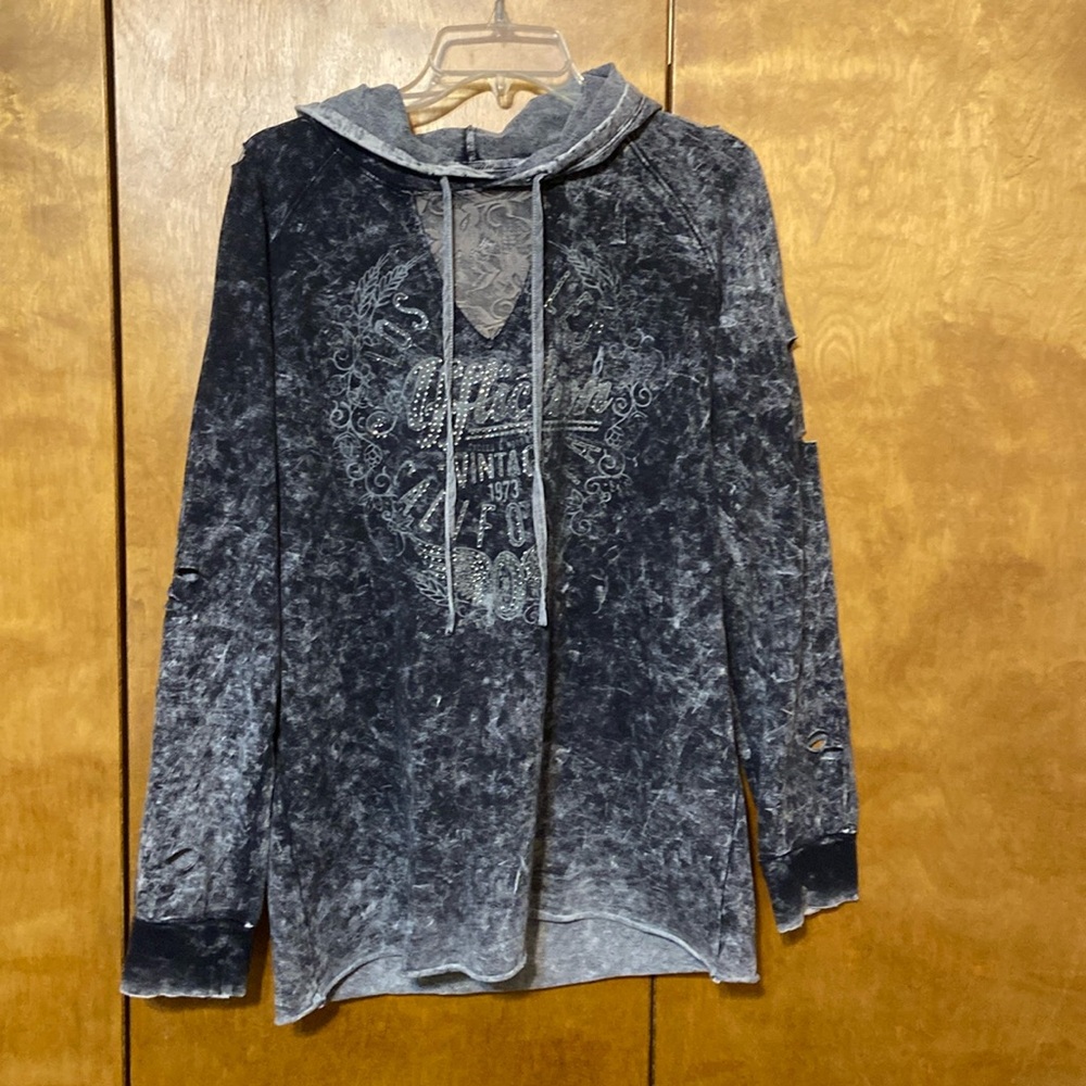 Affliction distressed bling hoodie.  Large